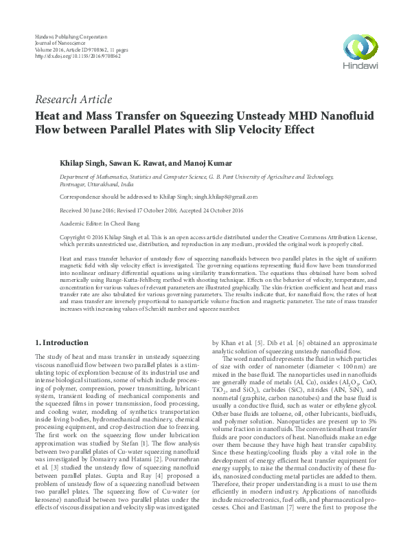 (PDF) Heat and Mass Transfer on Squeezing Unsteady MHD Nanofluid Flow ...