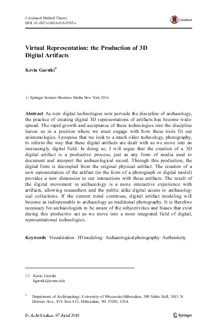 (PDF) Virtual Representation: the Production of 3D Digital Artifacts