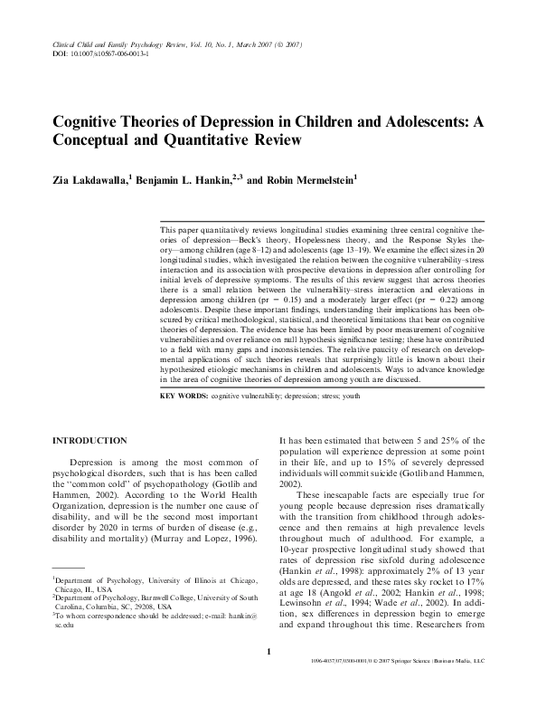 (PDF) Cognitive Theories of Depression in Children and Adolescents: A ...