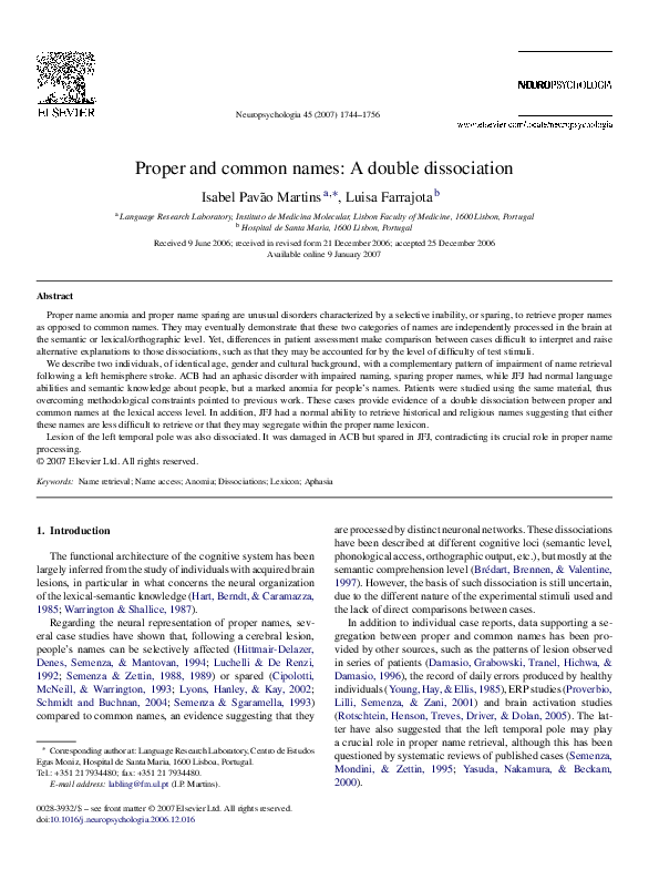 (PDF) Proper and common names: A double dissociation