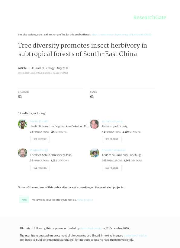 (PDF) Tree diversity promotes insect herbivory in subtropical forests ...