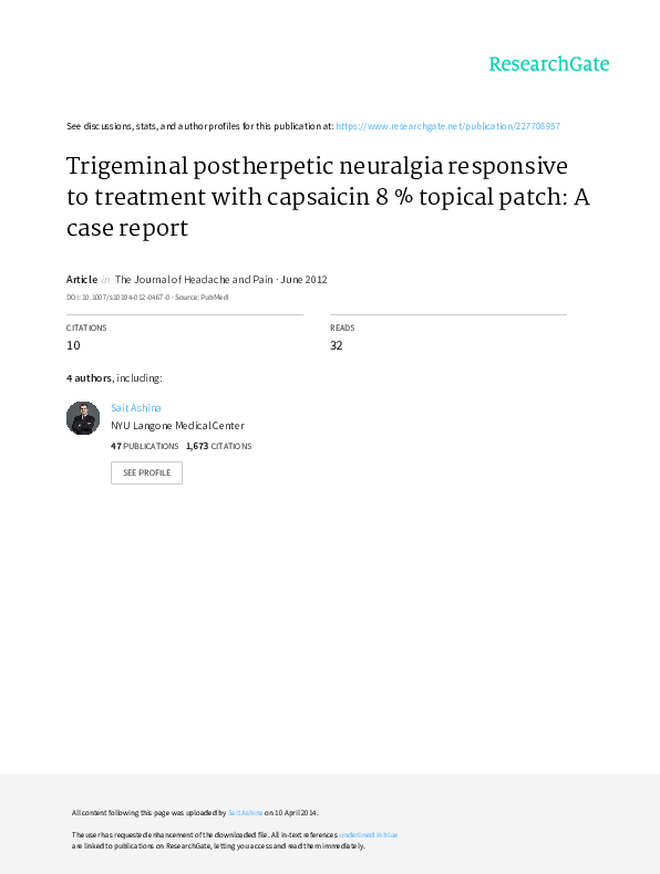 (PDF) Trigeminal postherpetic neuralgia responsive to treatment with