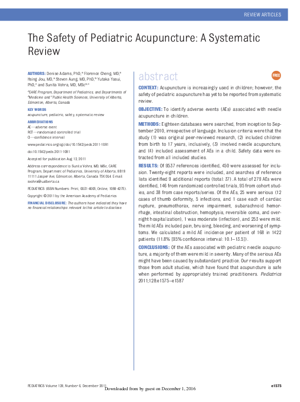(PDF) The Safety of Pediatric Acupuncture: A Systematic Review