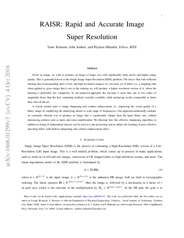 (PDF) RAISR: Rapid and Accurate Image Super Resolution