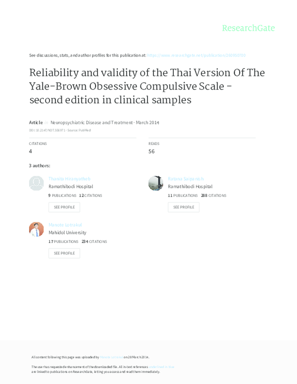 (PDF) Reliability and validity of the Thai version of the Yale–Brown ...