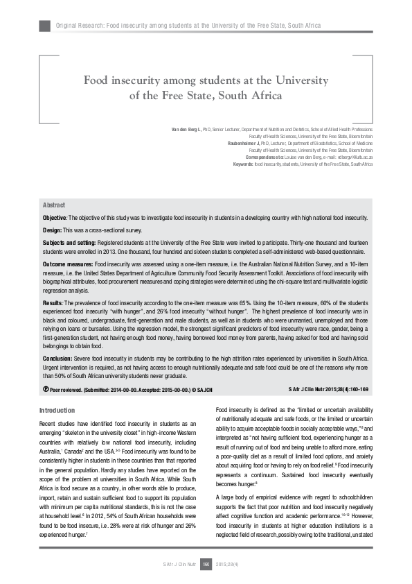 (PDF) Food insecurity among students at the University of the Free State