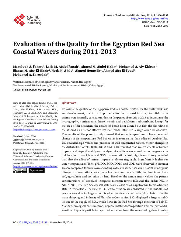 (PDF) Evaluation of the Quality for the Egyptian Red Sea Coastal Waters ...