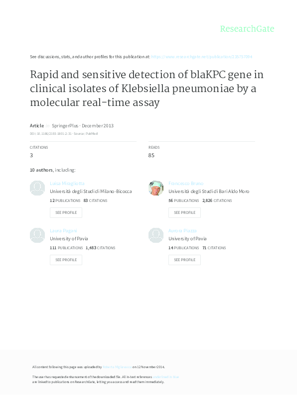 (PDF) Rapid and sensitive detection of bla KPC gene in clinical ...