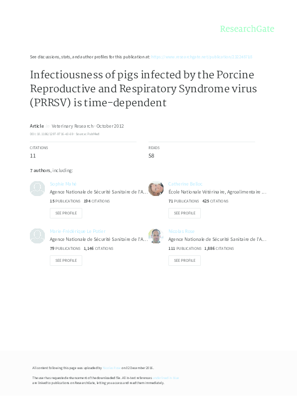 (PDF) Infectiousness of pigs infected by the Porcine Reproductive and ...