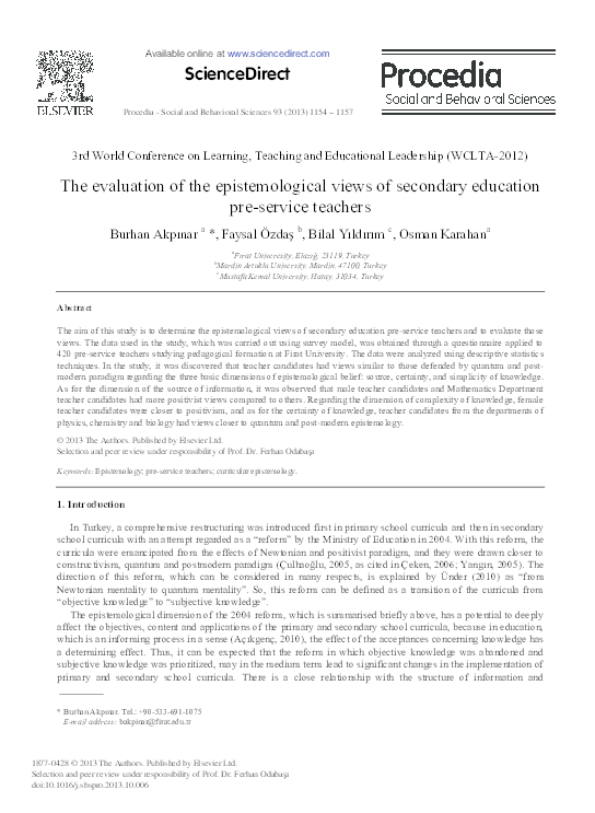 (PDF) The Evaluation of the Epistemological Views of Secondary ...