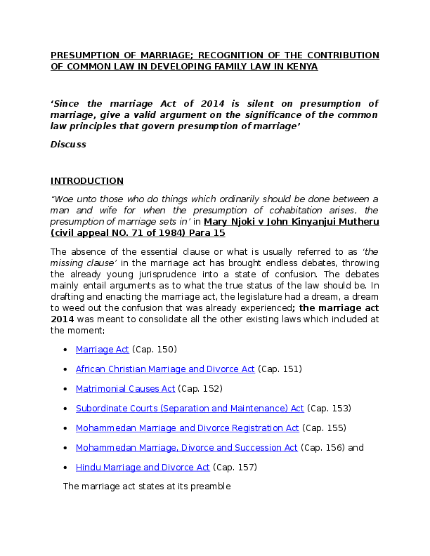 (DOC) presumption of marriage in kenya; contribution of English law