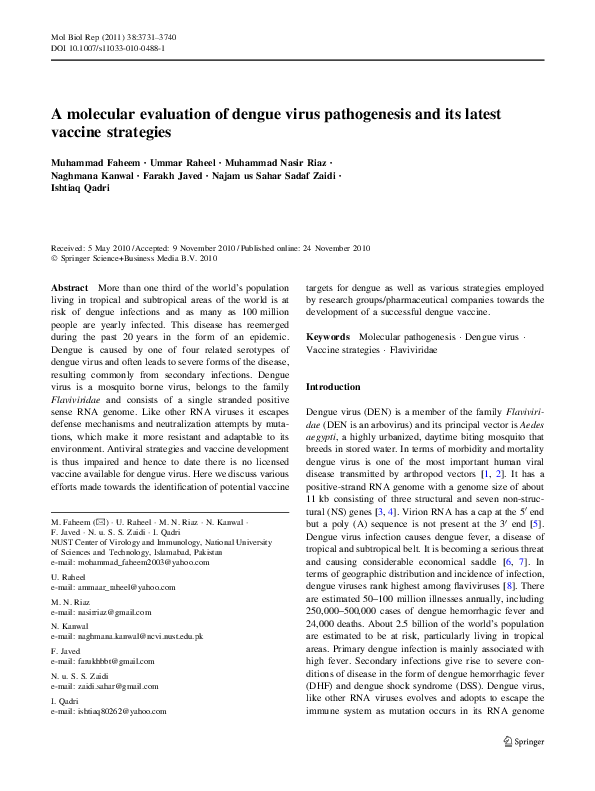 (PDF) A molecular evaluation of dengue virus pathogenesis and its ...