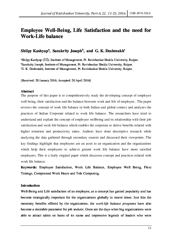Employee Well-Being, Life Satisfaction and the need for Work-Life balance
