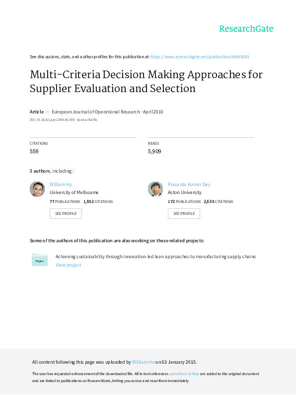 (PDF) Multi-criteria decision making approaches for supplier evaluation ...