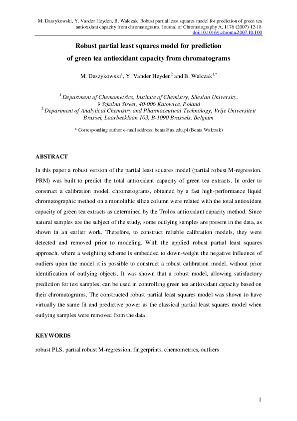 (PDF) Robust partial least squares model for prediction of green tea ...