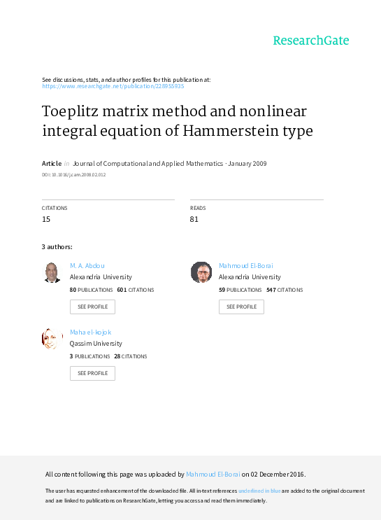 (PDF) Toeplitz matrix method and integral equation of