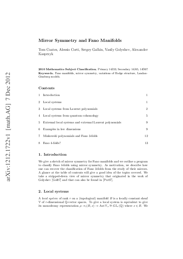 (PDF) Mirror Symmetry and Fano Manifolds Alessio Corti and Sergey