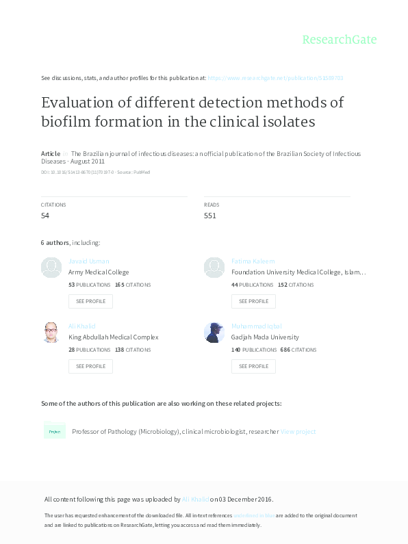 (PDF) Evaluation of different detection methods of biofilm formation in