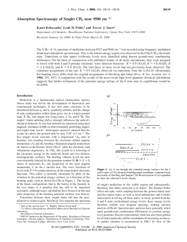 (PDF) Absorption Spectroscopy of Singlet CH 2 near 9500 cm 1 † Leah