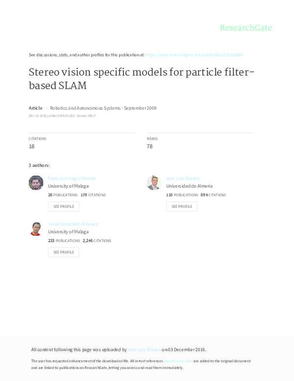 (PDF) Stereo vision-specific models for Particle Filter-based SLAM