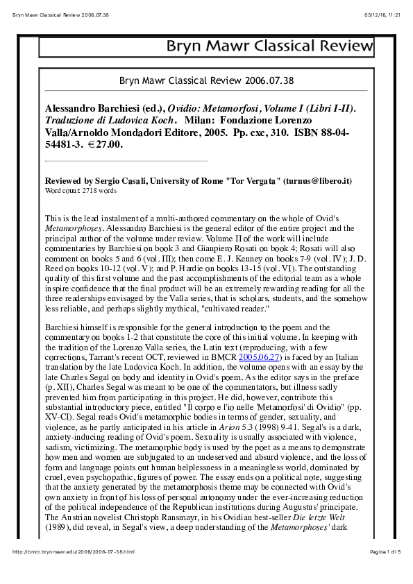 Pdf Review Of A Barchiesi Ed Ovidio Metamorfosi Libri I Ii Milano 2005 Bryn Mawr Classical Review 2006 07 38 Sergio Casali Academia Edu