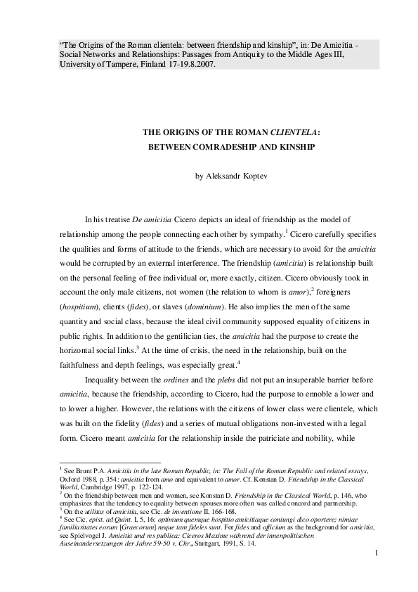 (PDF) “The Origins of the Roman clientela: between friendship and ...