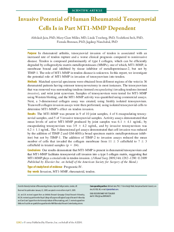 (PDF) Invasive Potential of Human Rheumatoid Tenosynovial Cells Is in ...