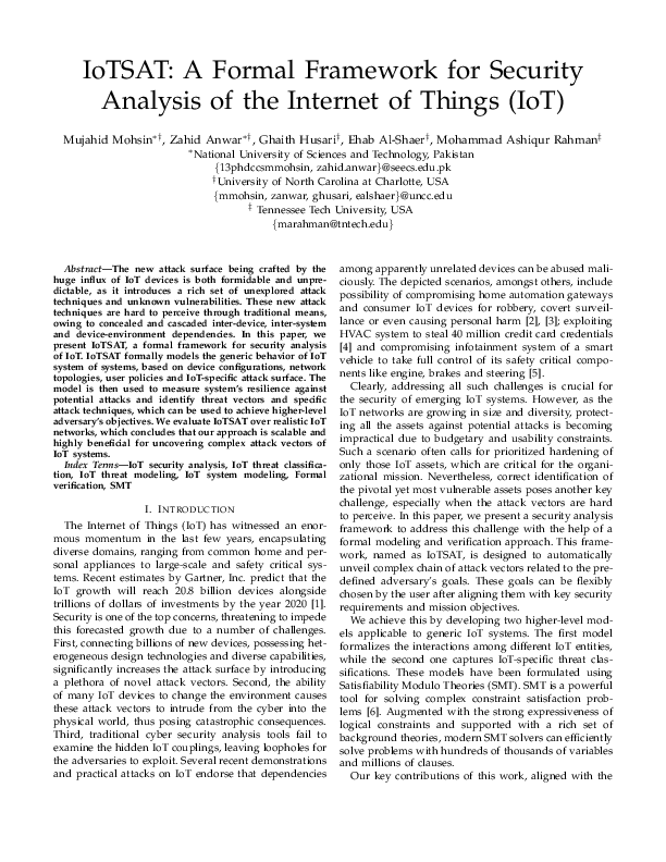 (PDF) IoTSAT: A Formal Framework for Security Analysis of the Internet ...