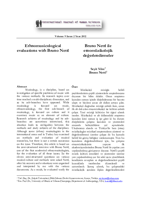 (PDF) Ethnomusicological evaluations with Bruno Nettl Bruno Nettl