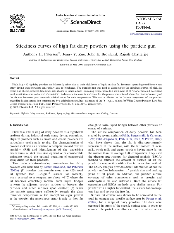 (PDF) Stickiness curves of high fat dairy powders using the particle gun