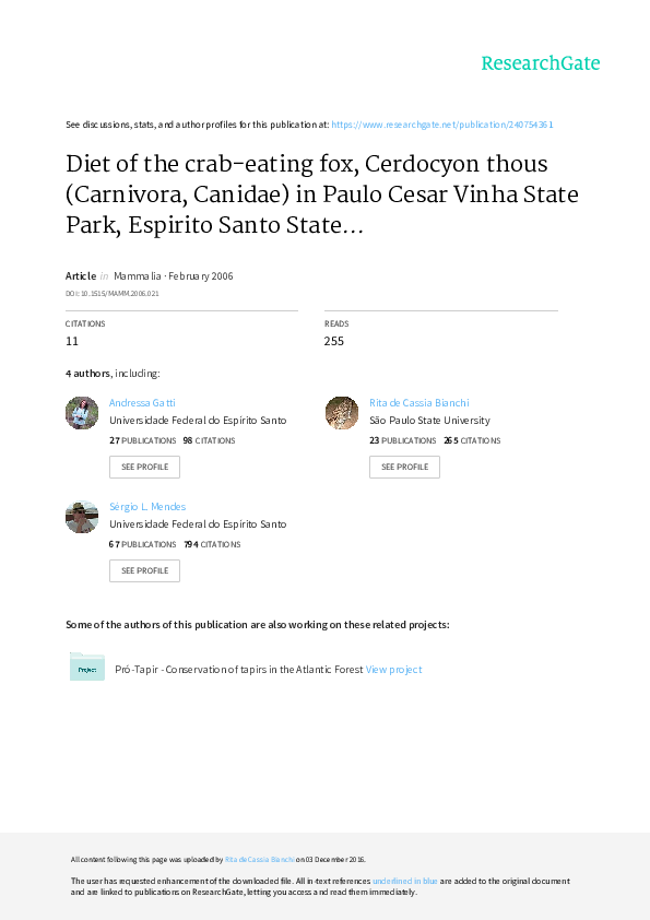 (PDF) Diet of the crabeating fox, Cerdocyon thous (Carnivora, Canidae