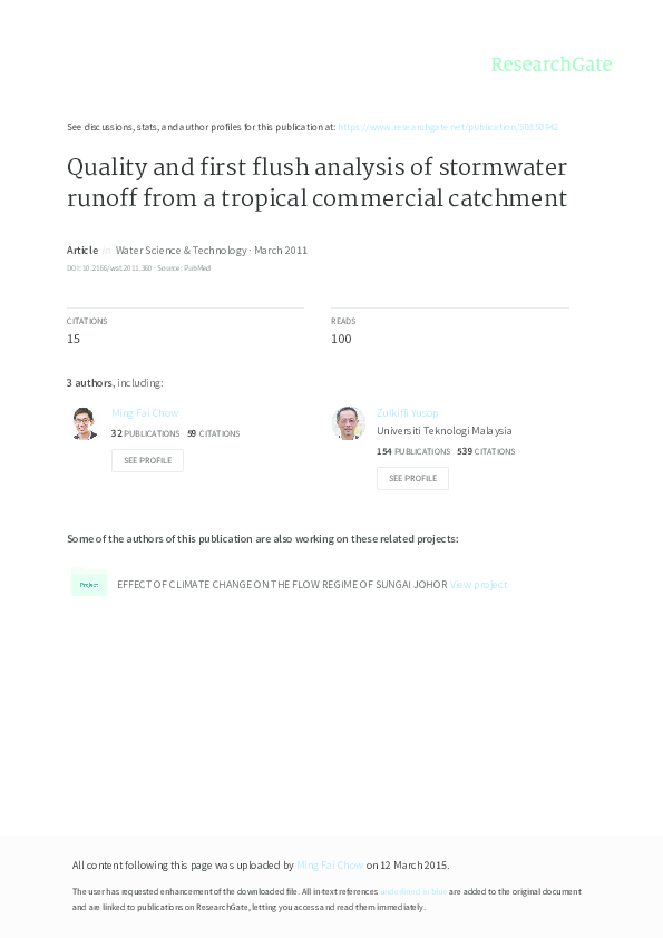 (PDF) Quality and first flush analysis of stormwater runoff from a ...