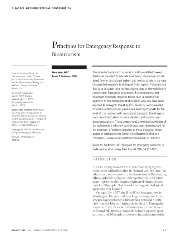(PDF) Principles for emergency response to bioterrorism Mark Keim