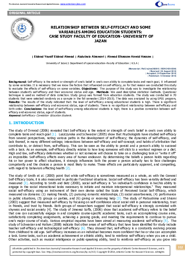 (PDF) RELATIONSHIP BETWEEN SELF EFFICACY AND SOME VARIABLES AMONG ...