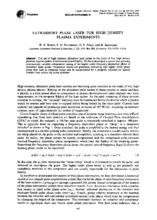(PDF) Ultrashort pulse laser for high density plasma experiments