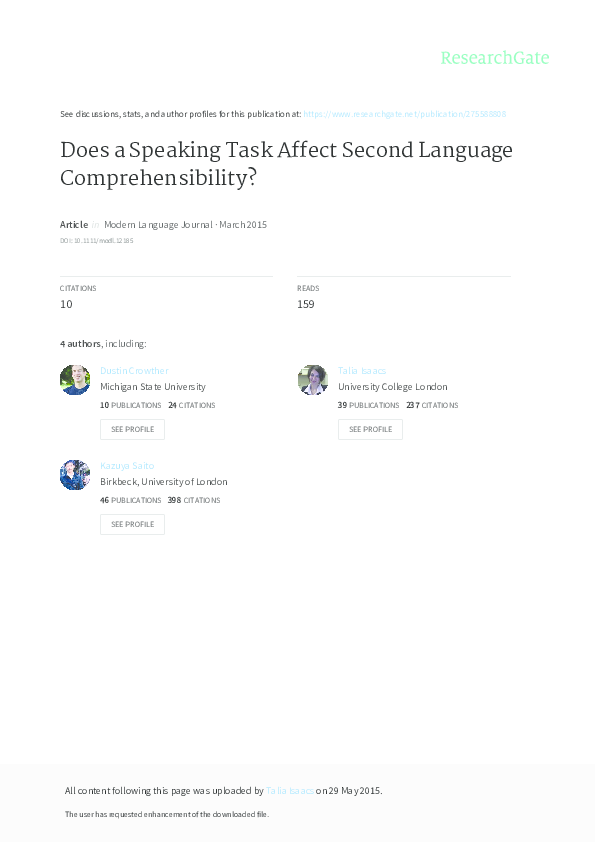 (PDF) Does a Speaking Task Affect Second Language Comprehensibility?