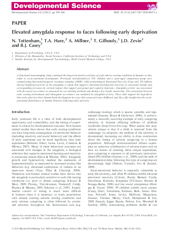 (PDF) Elevated amygdala response to faces following early deprivation