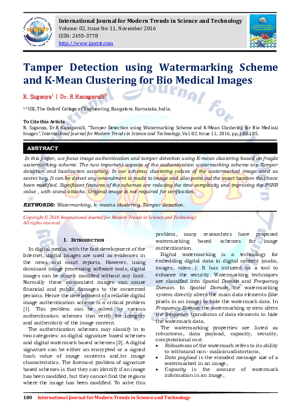 (PDF) Tamper Detection using Watermarking Scheme and KMean Clustering