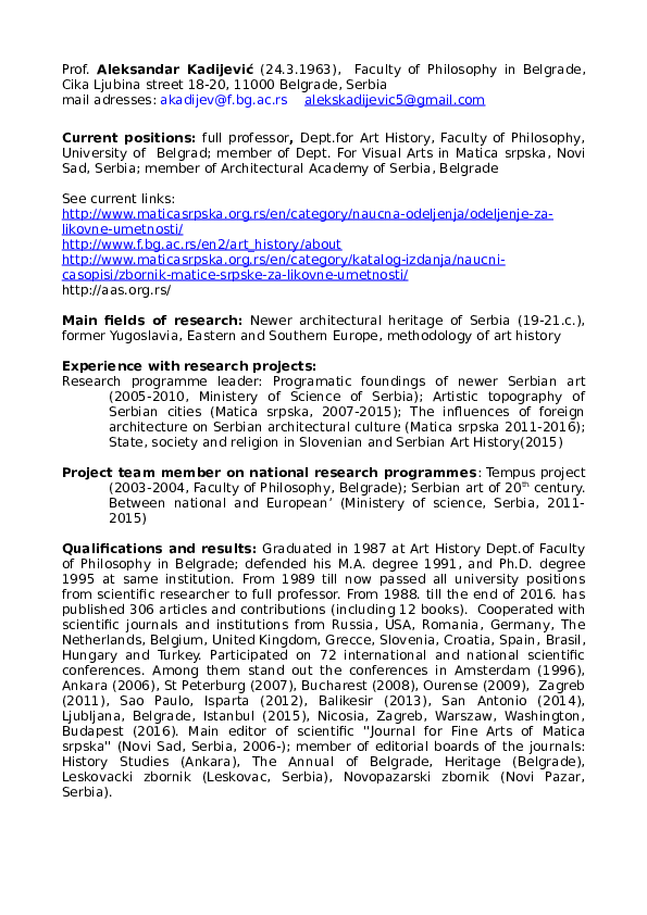 (DOC) CV with full bibliography 19882016 of A.Kadijevic Aleksandar
