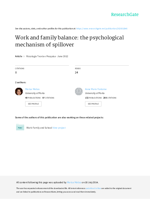 (PDF) Work and family balance: the psychological mechanism of spillover