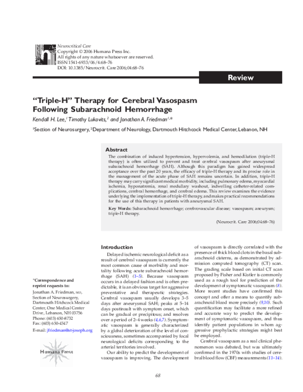 (PDF) “TripleH” therapy for cerebral vasospasm following subarachnoid