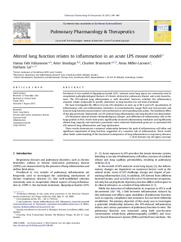 (PDF) Altered lung function relates to inflammation in an acute LPS ...