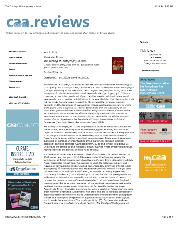 (PDF) Rosalind C. Morris. Review of "The Coming of Photography in India" by Christopher Pinney