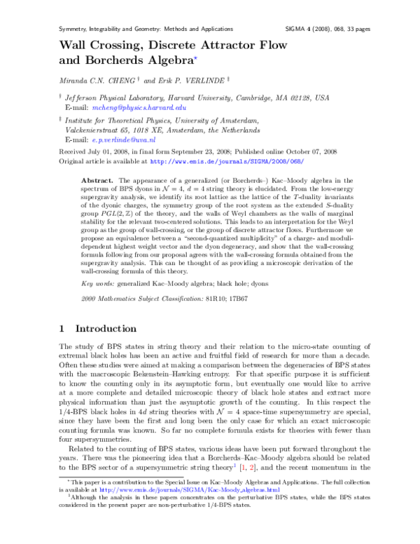 (PDF) Wall Crossing, Discrete Attractor Flow and Borcherds Algebra