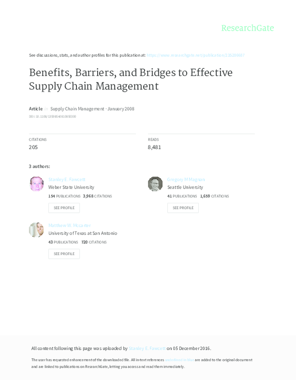 (PDF) Benefits, barriers, and bridges to effective supply chain