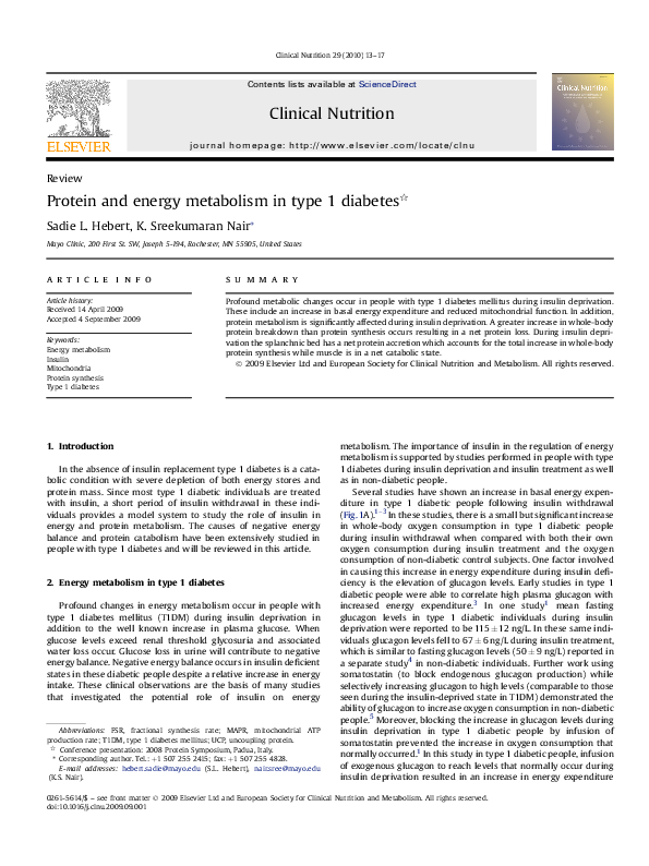 (PDF) Protein and energy metabolism in type 1 diabetes