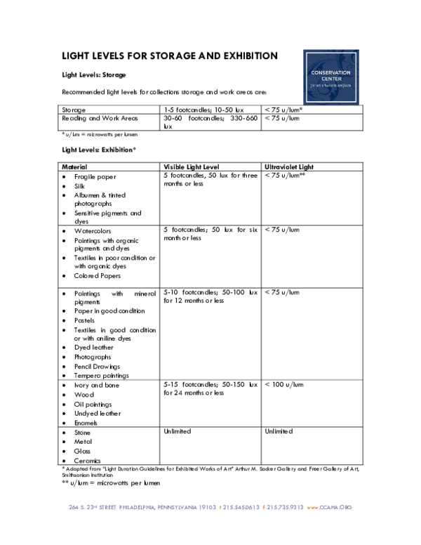 (PDF) LIGHT LEVELS FOR STORAGE AND EXHIBITION