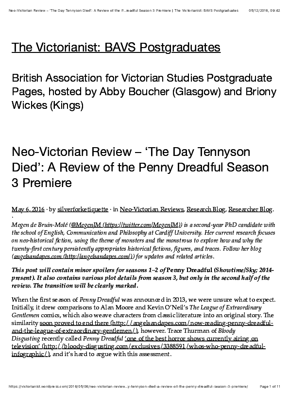(PDF) 'The Day Tennyson Died' A Review of the Penny Dreadful Season 3