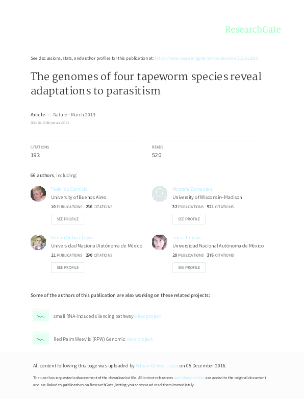 (PDF) The genomes of four tapeworm species reveal adaptations to parasitism