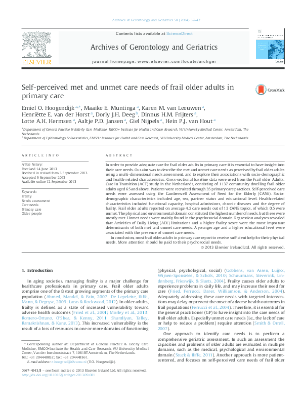 (PDF) Self-perceived met and unmet care needs of frail older adults in ...